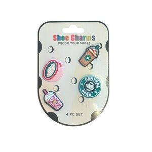 Coffee-Themed Pink & Green Shoe Charms — 4-Piece Set